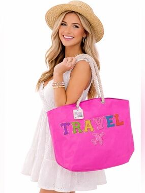 🦋Gloss & Glo Travel Hot Pink tote (Nylon) bag with patches